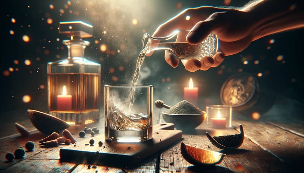 A close-up of Mezcal being poured into a glass, emphasizing its signature smoky essence