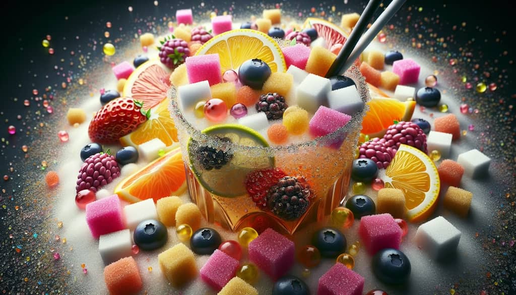 A close-up of sugar granules and fruit, illustrating the sugar content in a Finnish Long Drink and its fruity sweetness.