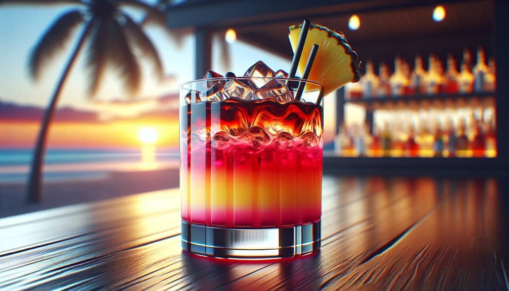 A close-up of the Malibu Sunset cocktail showcasing layers of grenadine and pineapple juice.