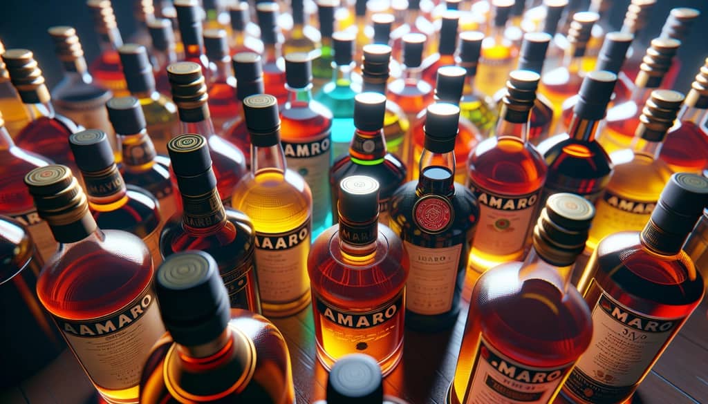 A close-up of various amaro bottles showcasing their diverse flavors, ideal for crafting versatile spritzes.