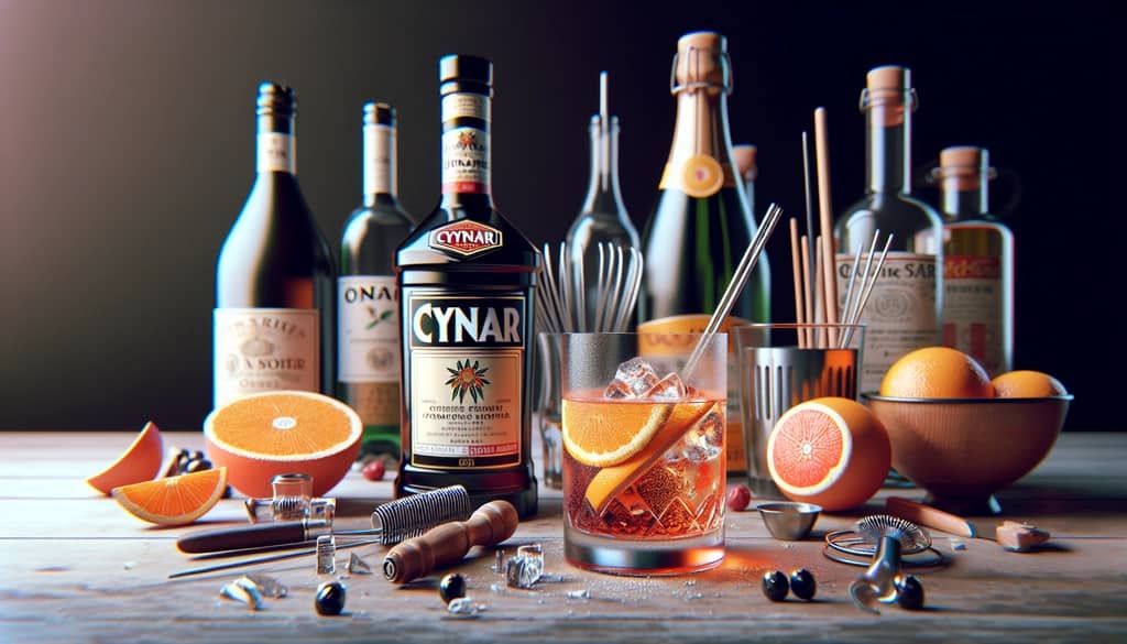 A close-up view of the ingredients used in a Cynar Spritz, including Cynar, sparkling wine, and orange juice