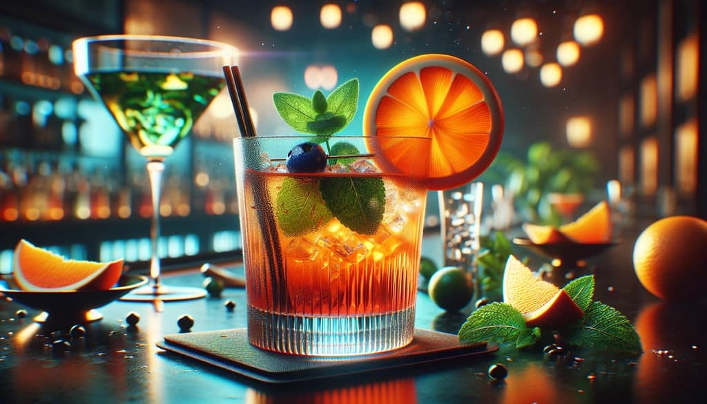 A cocktail garnished with a bright orange slice and green mint sprig for visual appeal