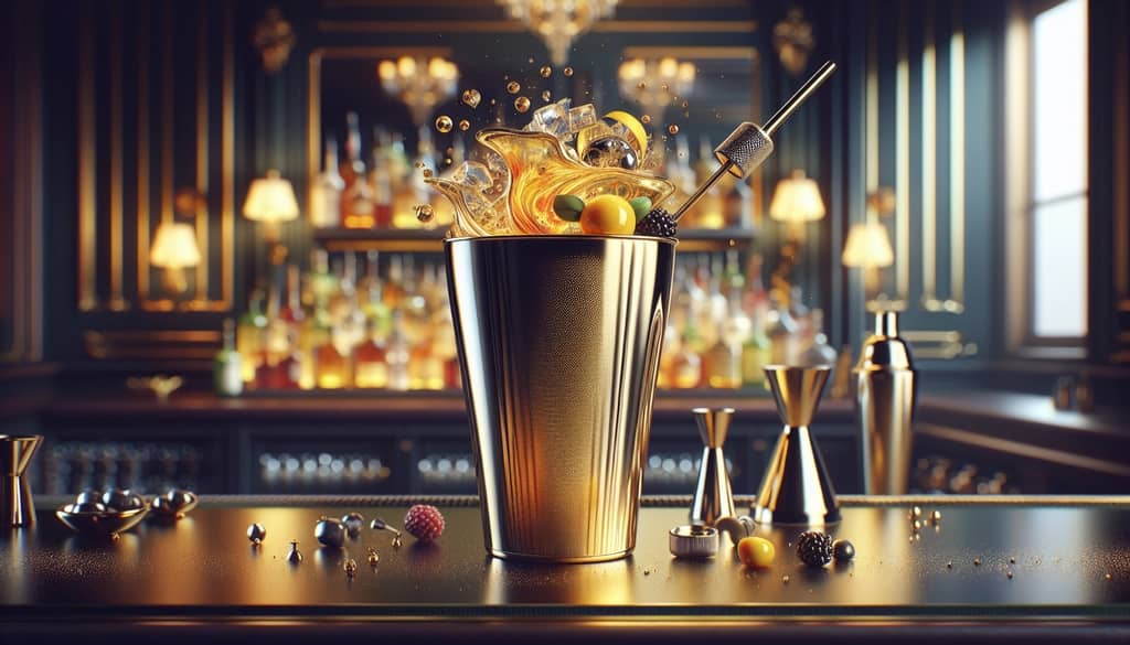 A cocktail shaker filled with the blended ingredients of a Golden Dream cocktail, ready to be shaken to perfection.