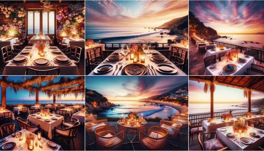 A collage of beautifully set tables at different Malibu sunset restaurants, each with a stunning view of the ocean at dusk.