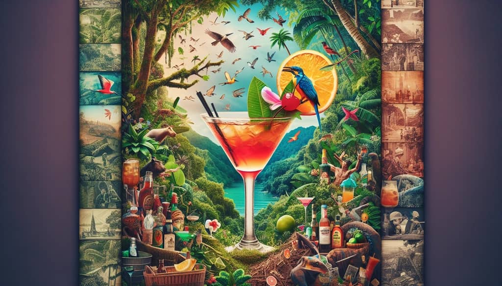 A collage showing Jungle Bird's influence from Malaysia to global cocktail culture, showcasing its historic and modern appeal