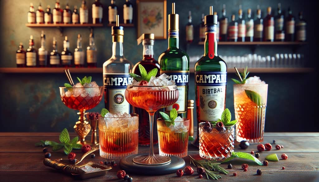 A collection of classic bitter cocktails featuring Campari and herbal bitters, showcasing their vibrant and complex profiles.