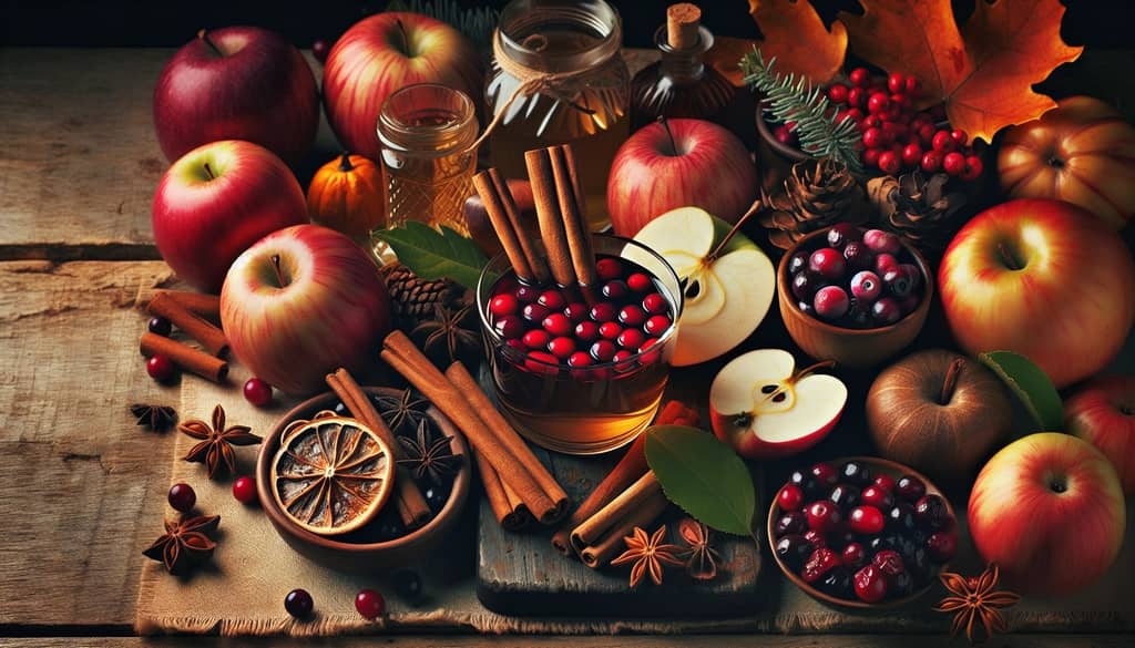 A collection of ingredients like apples, cranberries, and cinnamon sticks, representing classic Thanksgiving cocktail flavors