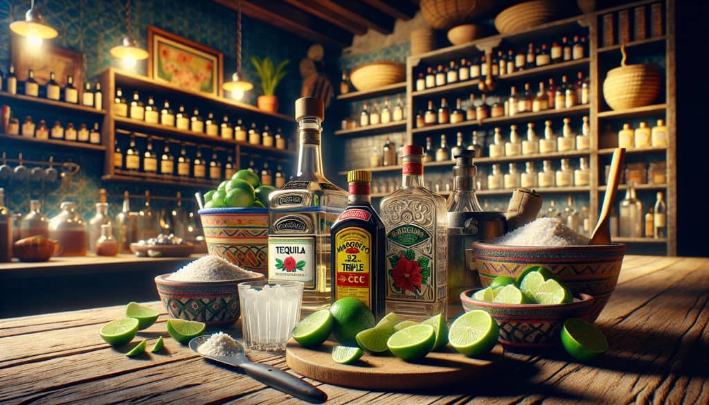 A collection of key ingredients for an authentic Mexican margarita including tequila, lime, and triple sec