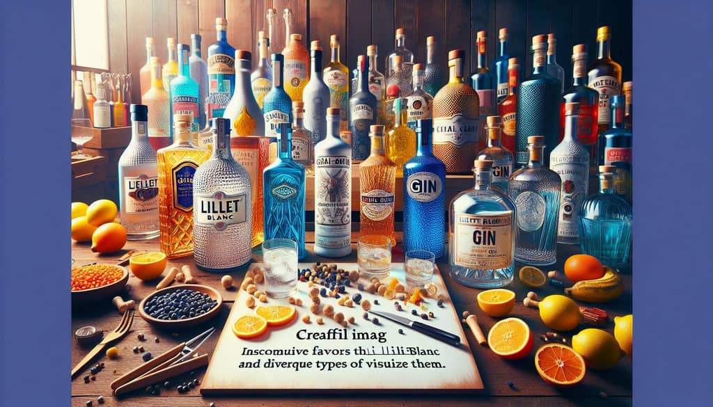 A collection of Lillet Blanc and various types of gin bottles highlighting their unique flavors