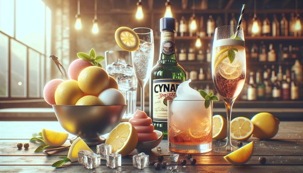 A collection of palate cleansers including lemon sorbet, sparkling water, and the Cynar Spritz cocktail, emphasizing their refreshing qualities