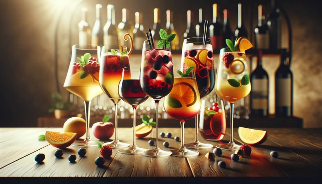A collection of popular wine cocktails including Sangria and Spritzers served in elegant glasses