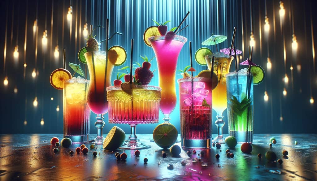 A collection of vibrant Division Bell cocktail variations, showcasing diverse flavors and garnishes.