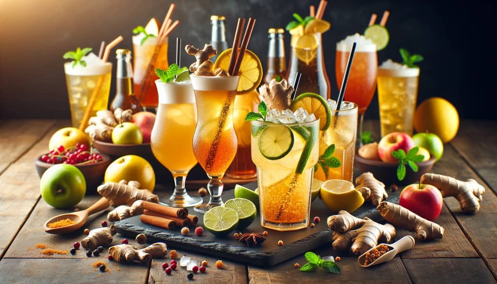 A collection of vibrant, non-alcoholic cocktails featuring ginger beer, showcasing their refreshing and spicy qualities.
