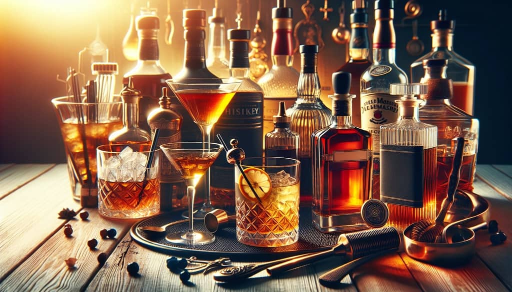A collection of whiskey bottles and cocktail glasses showcasing the art of whiskey-based cocktails.