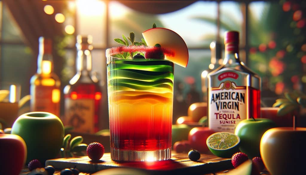 A colorful American Virgin Tequila Sunrise featuring layers of apple and cranberry juices