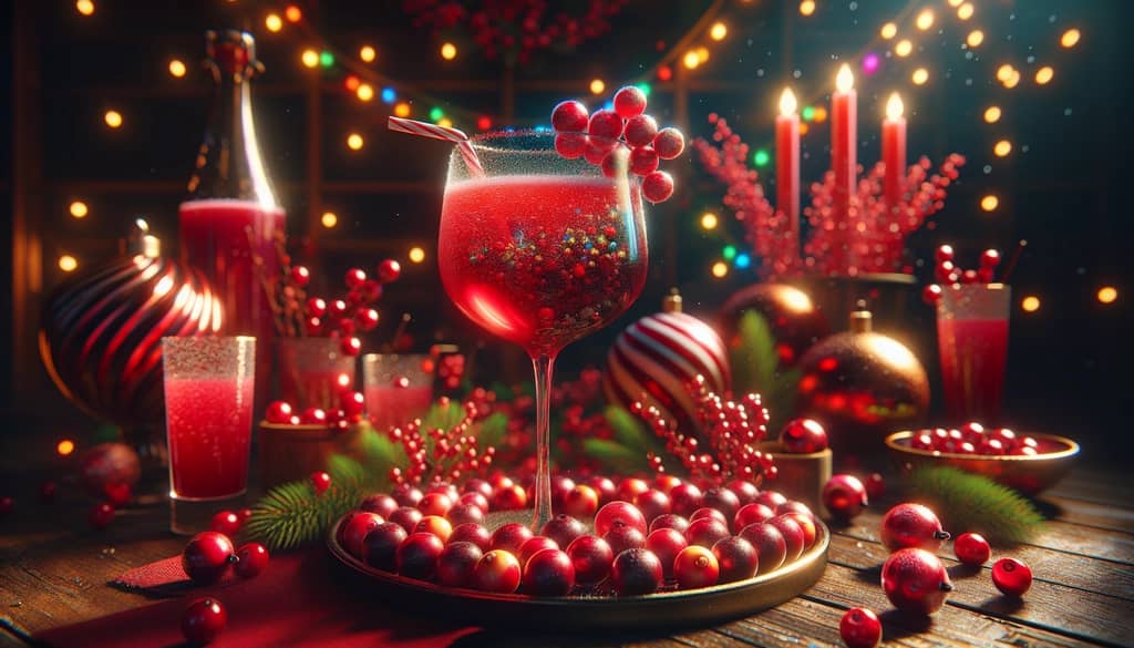 A colorful and festive cranberry mimosa showcasing its vibrant red hue, perfect for holiday celebrations.