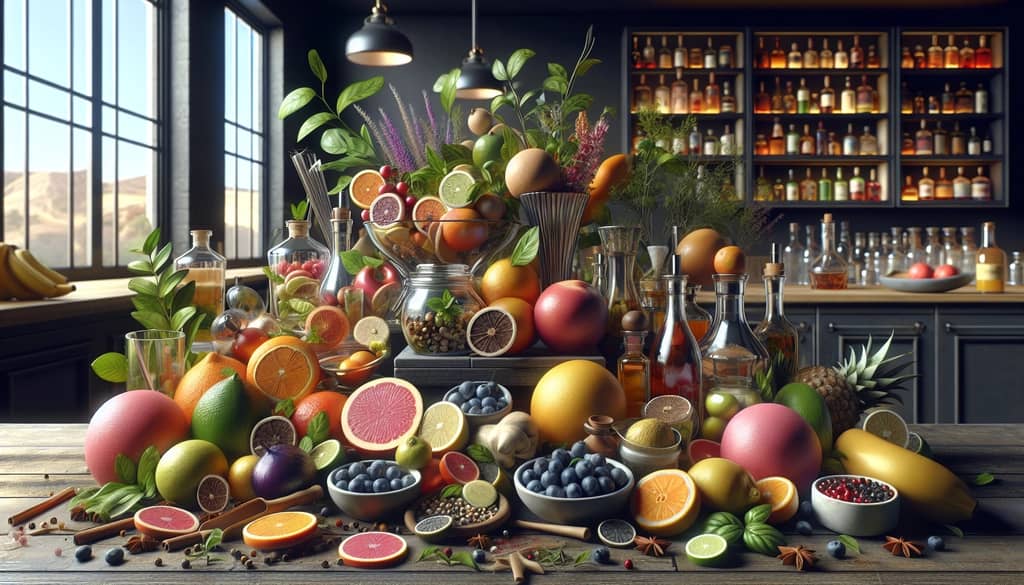 A colorful arrangement of various ingredients like fruits, herbs, and spices used in regional cocktails.