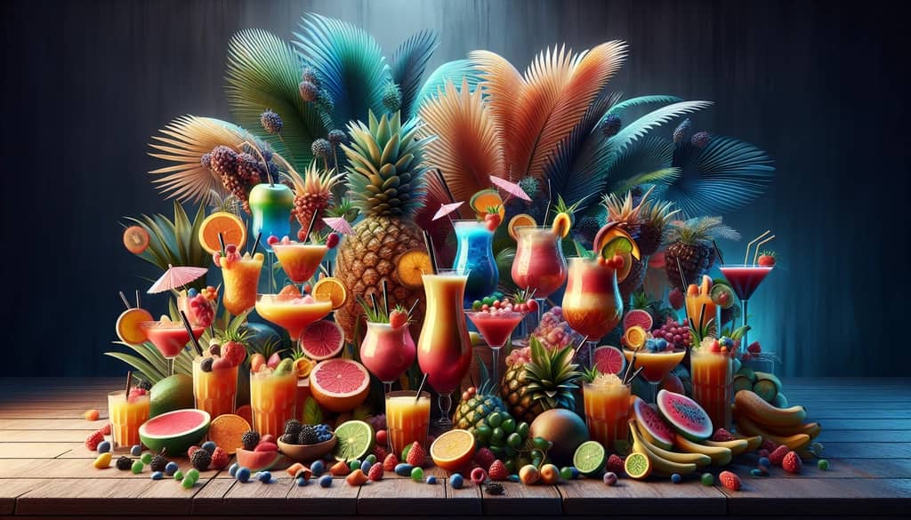A colorful array of tropical cocktails featuring exotic fruits and vibrant hues, epitomizing a breezy island escape.