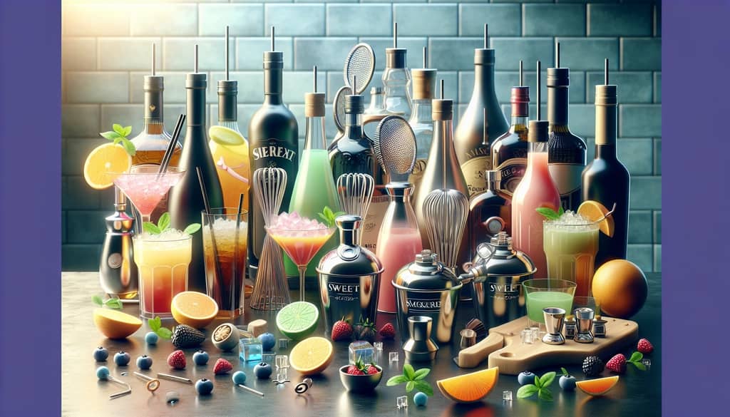 A colorful assortment of bottles and mixers for crafting sweet cocktails