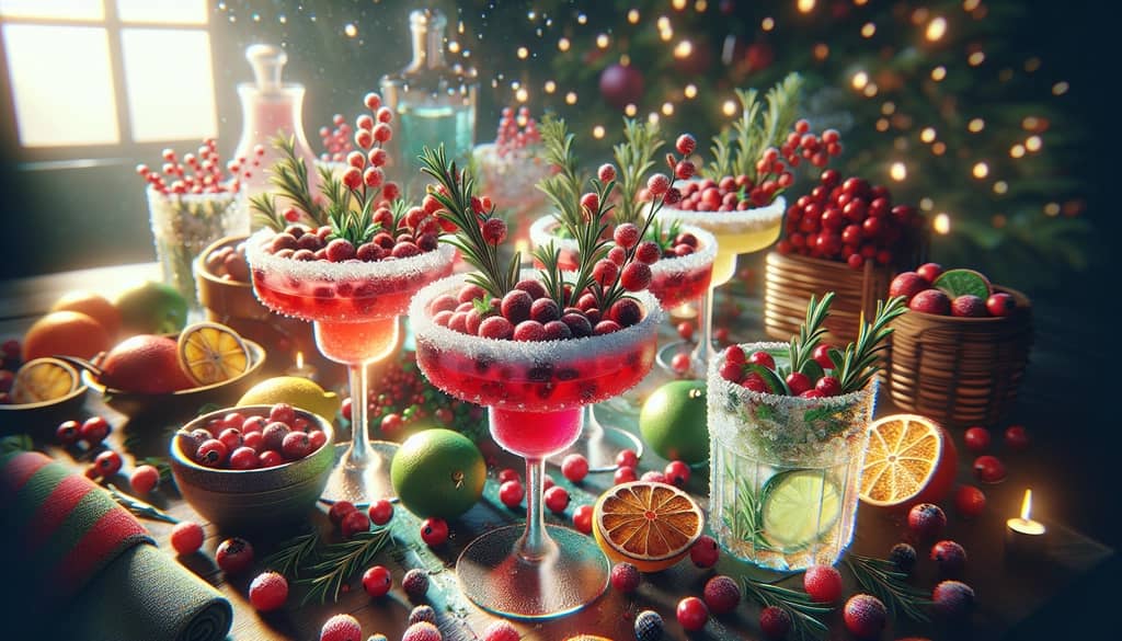 A colorful display of Christmas margaritas with cranberry and rosemary garnishes