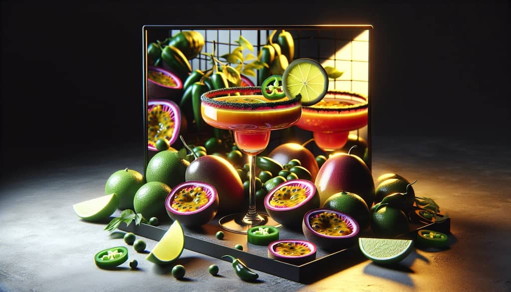 A colorful passion fruit jalapeño margarita featuring fresh jalapeño slices and a lime wheel for garnish