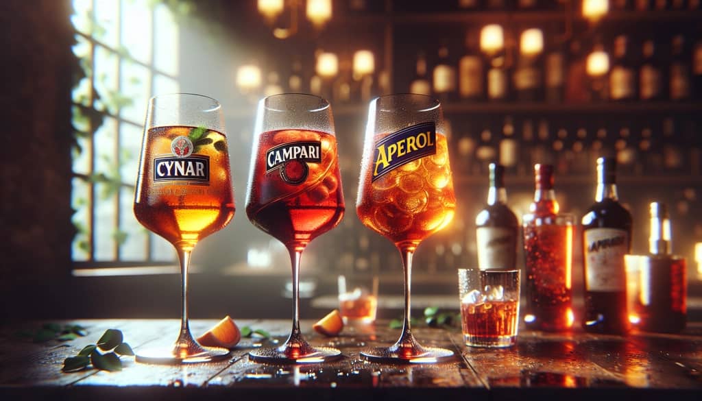 A comparison of Cynar, Campari, and Aperol spritz cocktails, highlighting their unique flavor profiles and bitterness levels.