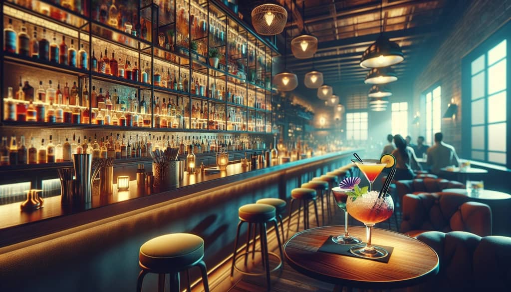 A contemporary bar scene showcasing various modern twists on the classic Hemingway Special cocktail