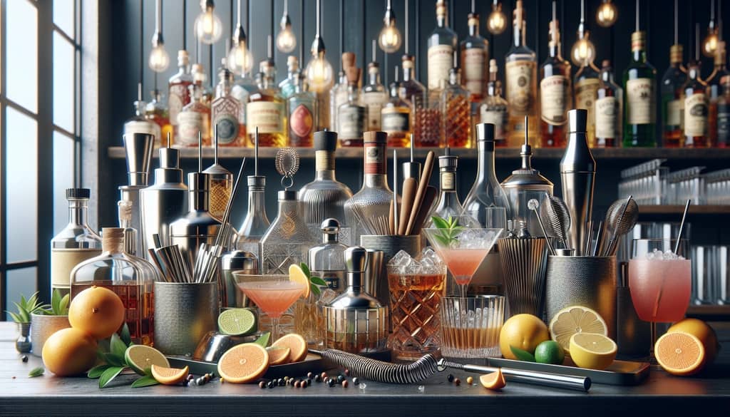 A contemporary bar setting showcasing various ingredients and tools used by modern bartenders to create new variations of the Between the Sheets cocktail.