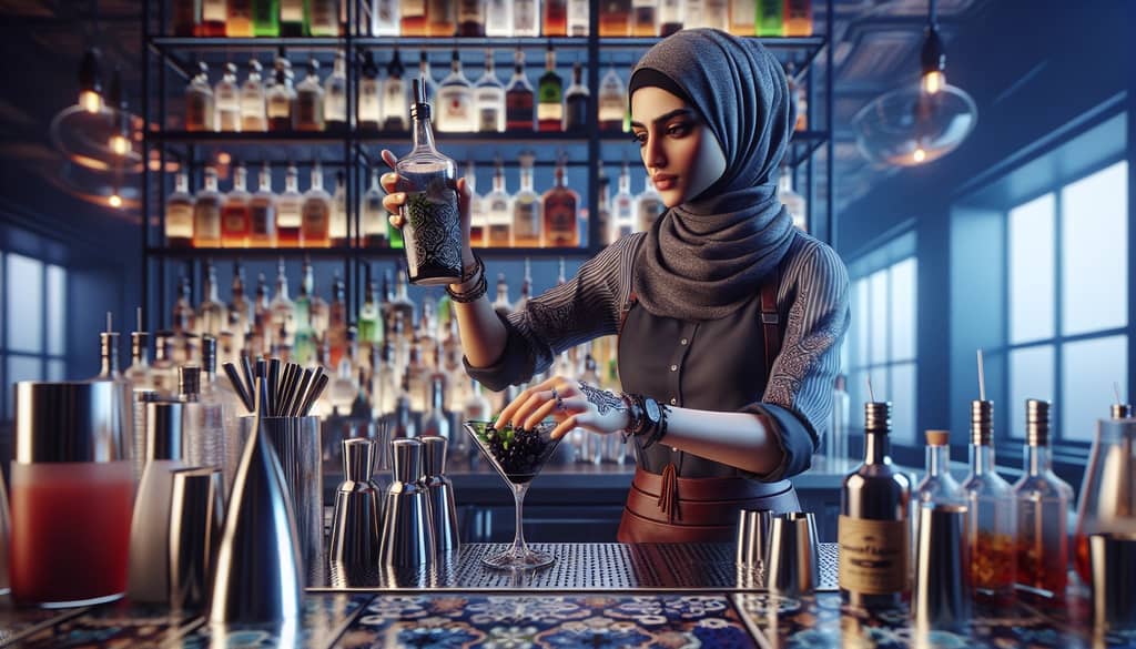 A contemporary bartender crafting a Black Manhattan, showcasing modern mixology techniques