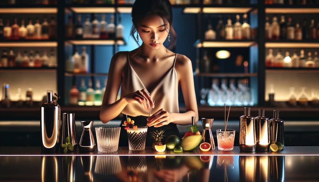 A contemporary bartender crafting a Division Bell variation, showcasing vibrant ingredients and artistic presentation
