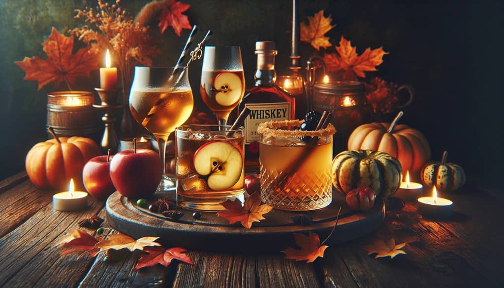 A cozy autumn setting with apple cider and whiskey cocktails, capturing the essence of fall flavors.