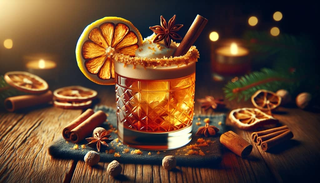 A cozy Gingerbread Whiskey Sour with a lemon wheel and nutmeg garnish, highlighting its spicy twist