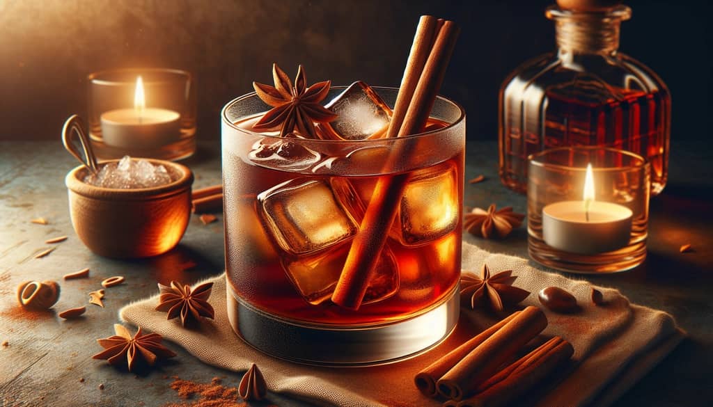 A cozy glass of Spiced Plane cocktail garnished with a cinnamon stick, highlighting warm spice elements.
