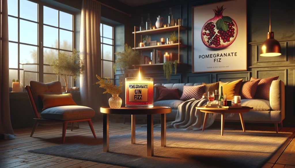 A cozy living room setting with the Pomegranate Gin Fizz candle casting a warm glow