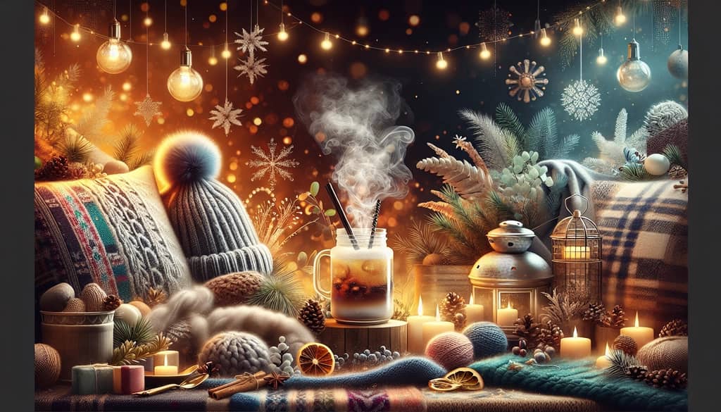 A cozy setting with a steaming winter cocktail exuding warmth and festivity.
