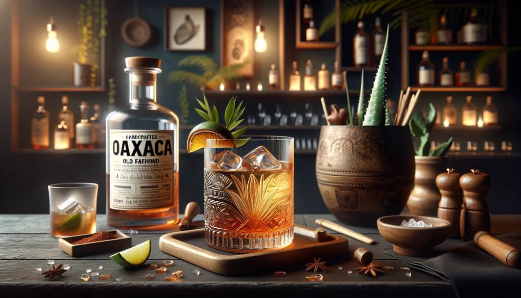 A crafted Oaxaca Old Fashioned cocktail featuring smoky mezcal and reposado tequila