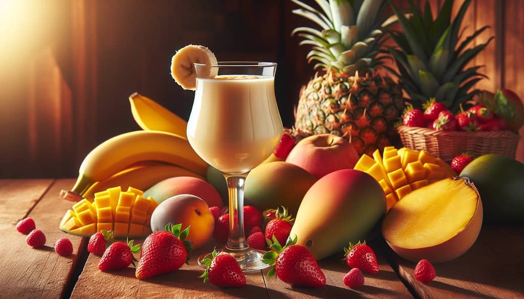 A creamy banana cocktail paired with fresh tropical fruits illustrating natural sweetness and texture