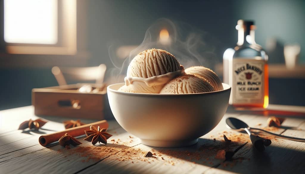 A creamy bowl of Bourbon Milk Punch Ice Cream, garnished with a sprinkle of nutmeg