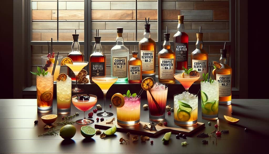 A creative array of Corpse Reviver No. 2 variations featuring different spirits and flavors, showcasing modern twists