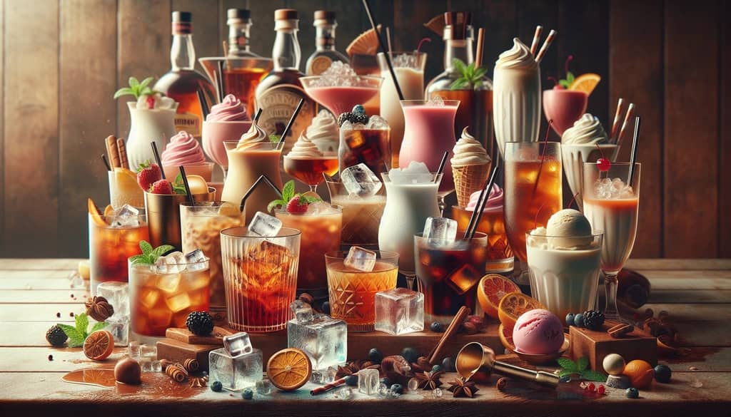 A creative assortment of Bourbon Milk Punch variations, including frozen and ice cream versions