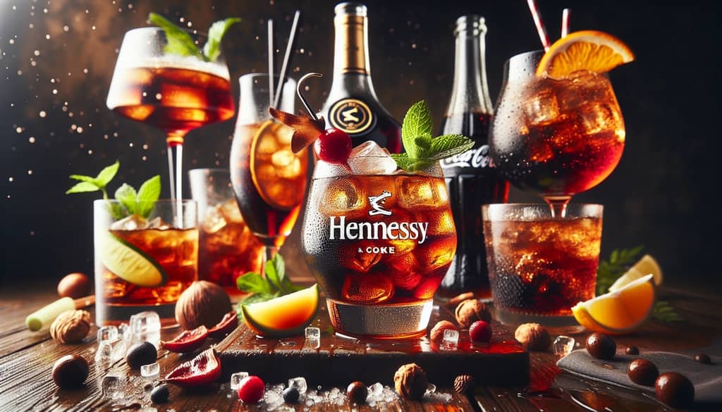 A creative display of Hennessy and Coke cocktails, showcasing their cultural and trendy appeal
