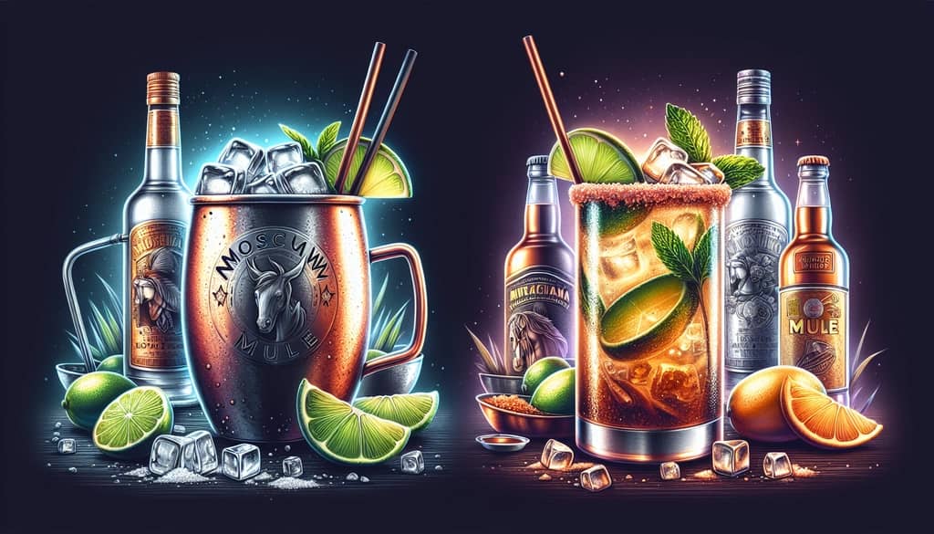 A creative illustration showcasing the Mexican Mule and Moscow Mule, highlighting the key differences in ingredients like tequila and vodka.