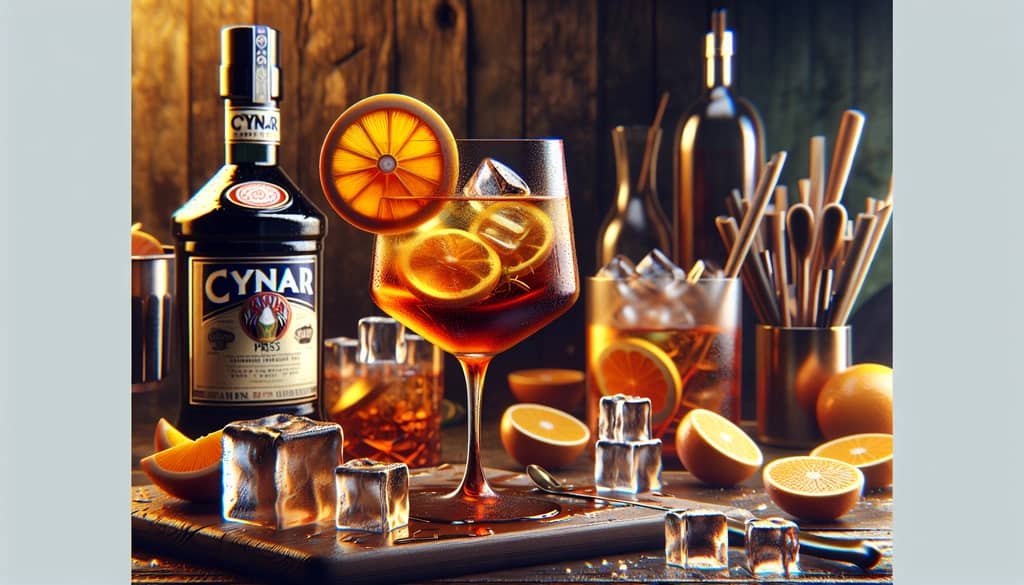A Cynar spritz cocktail served with a slice of orange and ice, showcasing its earthy flavor profile.