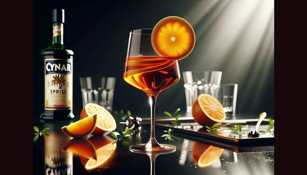 A Cynar Spritz cocktail, showcasing its potential as a refreshing palate cleanser with vibrant citrus and herbal notes