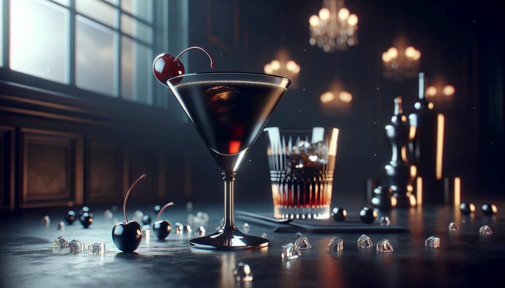 A dark, elegant Black Manhattan cocktail garnished with a cherry, showcasing its rich and sophisticated appeal