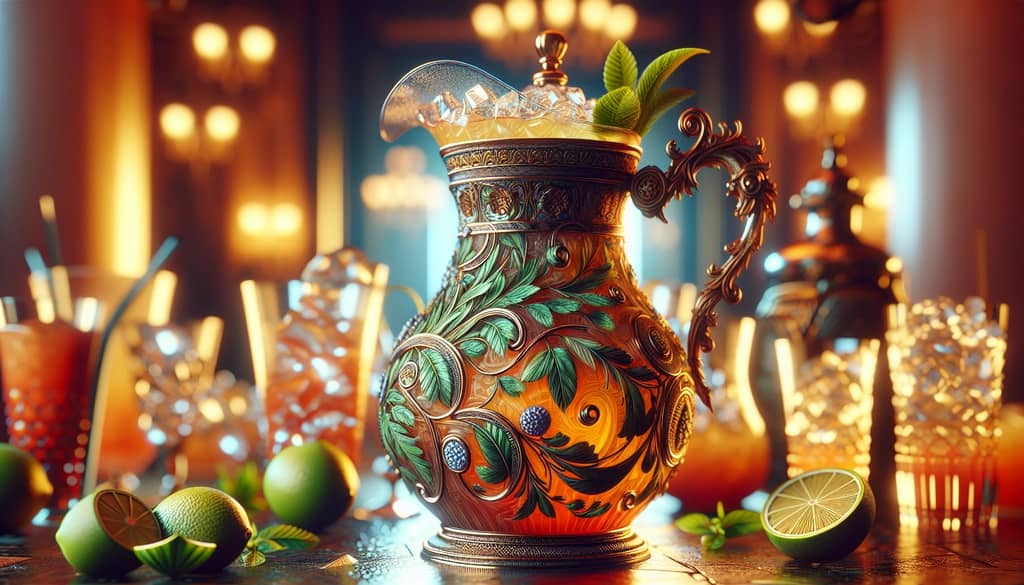 A decorative cocktail pitcher filled with a refreshing beverage, ready to serve multiple guests at a party.