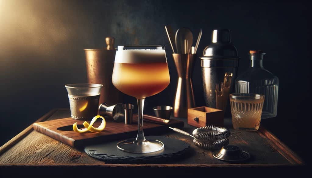 A depiction of the Boston Sour cocktail, highlighting its frothy texture and the addition of egg white.