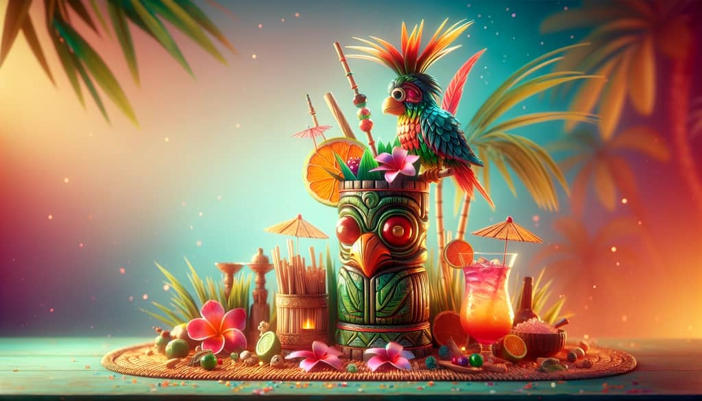 A detailed image of a Jungle Bird cocktail with traditional tiki decorations, highlighting its unique position in tiki culture.