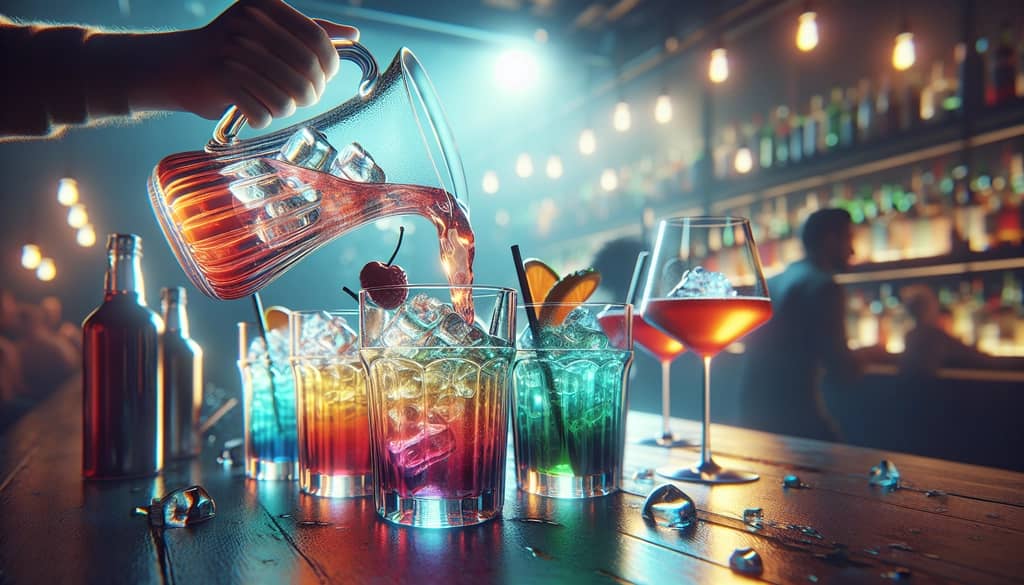 A direct pour from a pitcher into glasses, simplifying the process of serving cocktails at a gathering.