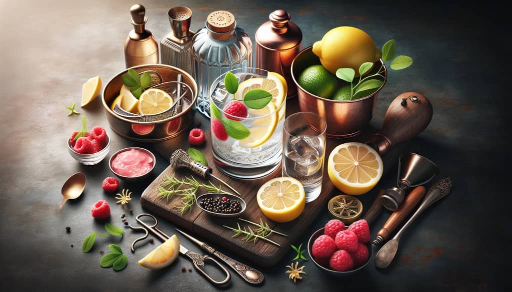 A display of fresh ingredients needed to craft a Clover Club cocktail, including gin, lemon, and raspberries